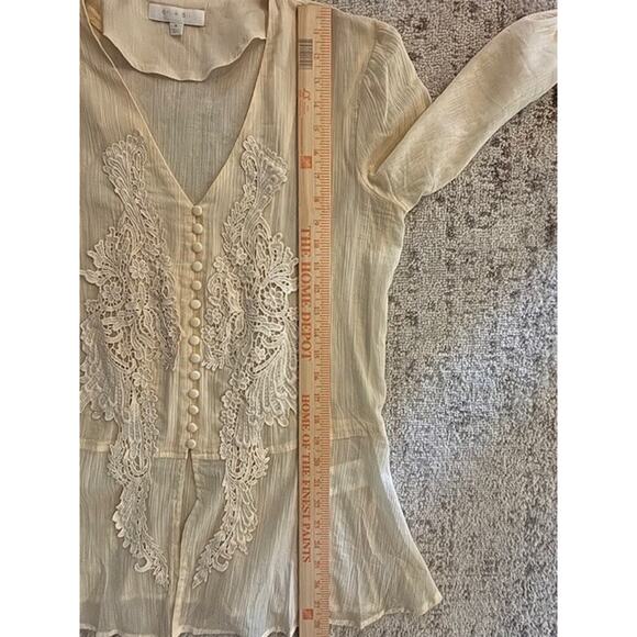 Women's Medium Eri + Ali Anthropologie Cream Sheer Lace Long Sleeve Blouse - Picture 7 of 8